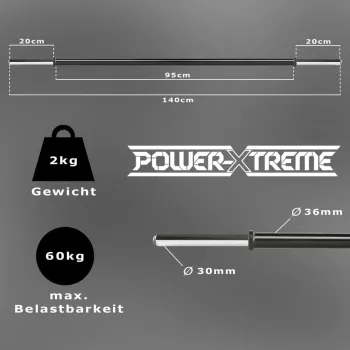 Preview: Langhantelstange 140 cm gummiert: Maße 140 cm, Innenmaß 95 cm, Aufnahme 20 cm
